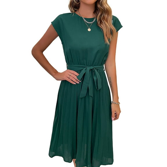 Women's 2024 Summer Dresses Casual Solid Color Classic Short Sleeve Dress Crew Neck Smocked High Waist Tiered Boho Beach Vacation Sundress (Dark Green,Medium)