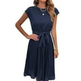 thumbnail image 1 of Women's 2024 Summer Dresses Casual Solid Color Classic Short Sleeve Dress Crew Neck Smocked High Waist Tiered Boho Beach Vacation Sundress (Dark blue,XX-Large), 1 of 6