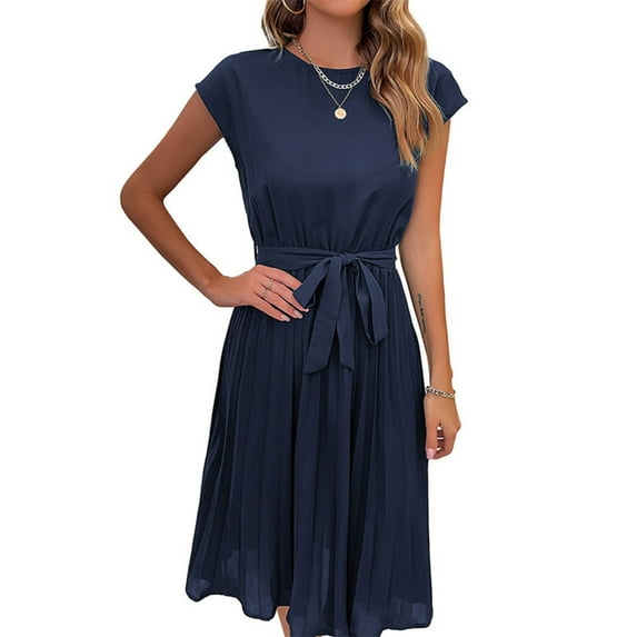 Women's 2024 Summer Dresses Casual Solid Color Classic Short Sleeve Dress Crew Neck Smocked High Waist Tiered Boho Beach Vacation Sundress (Dark blue,XX-Large)