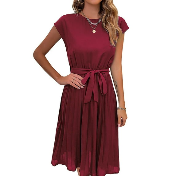 Women's 2024 Summer Dresses Casual Solid Color Classic Short Sleeve Dress Crew Neck Smocked High Waist Tiered Boho Beach Vacation Sundress (Wine Red,Large)