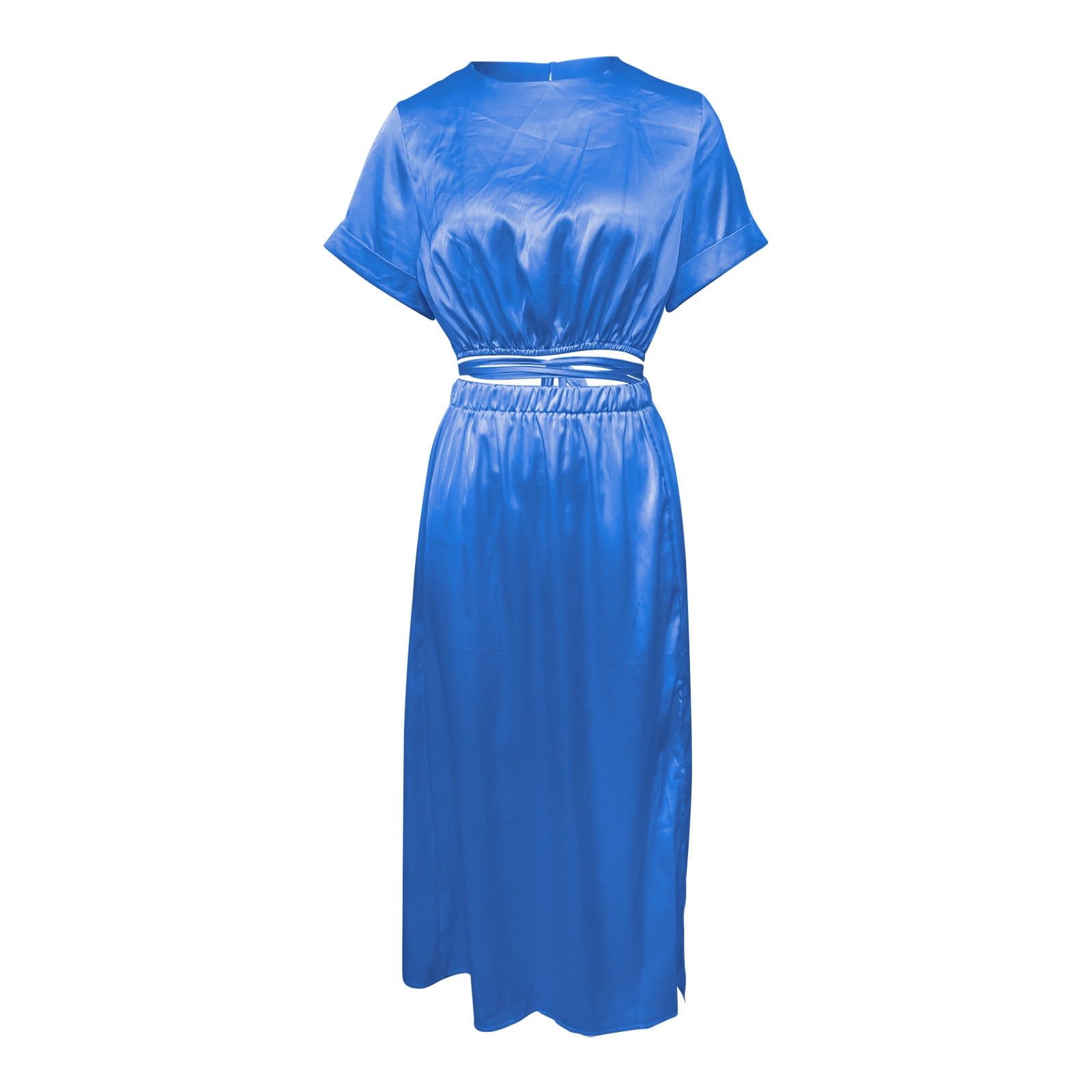 Women's 2024 Summer Extra Long Dress Solid Color Short Sleeve Skeleton