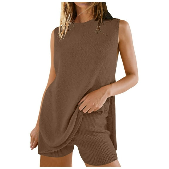 Women's 2024 Summer Knitted Vest Shorts Suit Polyester for Fashionable Women