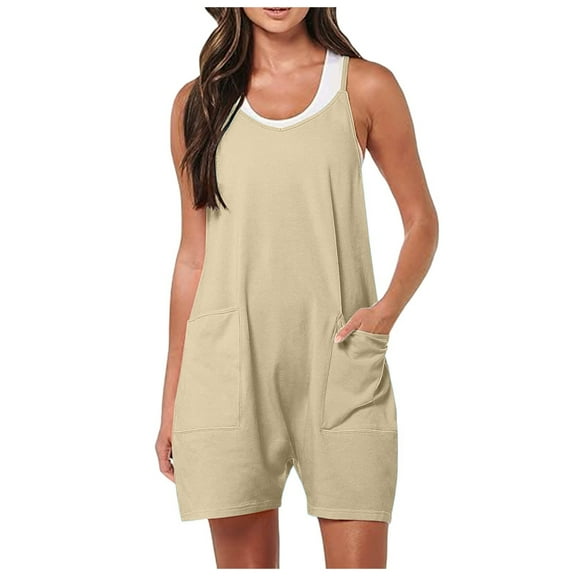 Women's 2024 Summer Short Jumpsuit - Loose Fit V Neck Romper with Pockets, Polyester Spandex, S-XXL