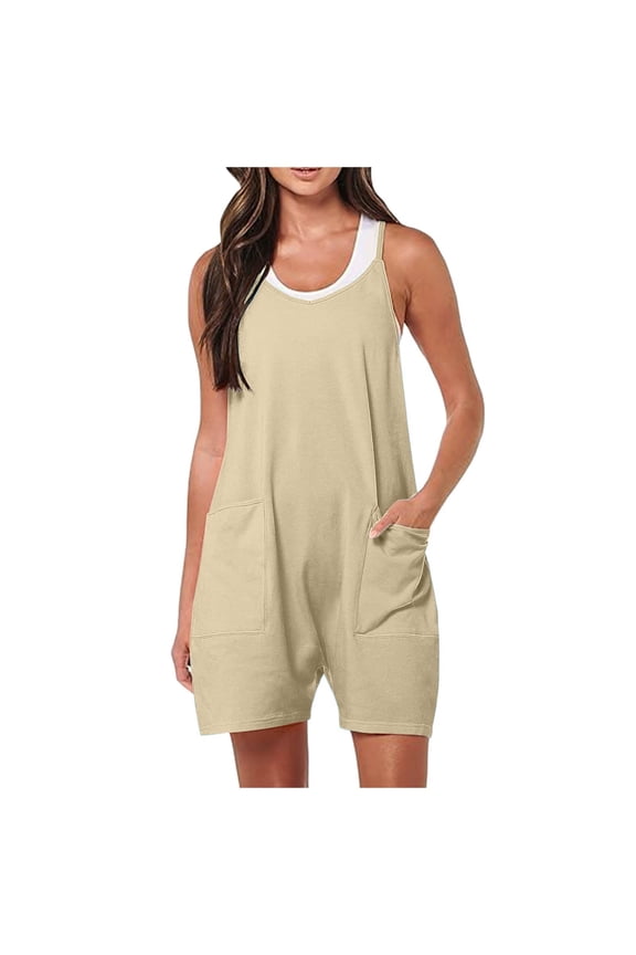 Women's 2024 Summer Short Jumpsuit - Loose Fit V Neck Romper with Pockets, Polyester Spandex, S-XXL
