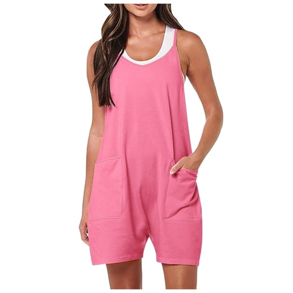 Women's 2024 Summer Short Jumpsuit - Loose Fit V Neck Romper with Pockets, Polyester Spandex, S-XXL