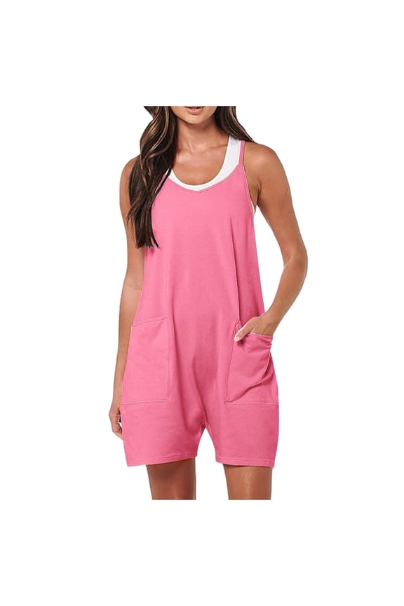 Women's 2024 Summer Short Jumpsuit - Loose Fit V Neck Romper with Pockets, Polyester Spandex, S-XXL