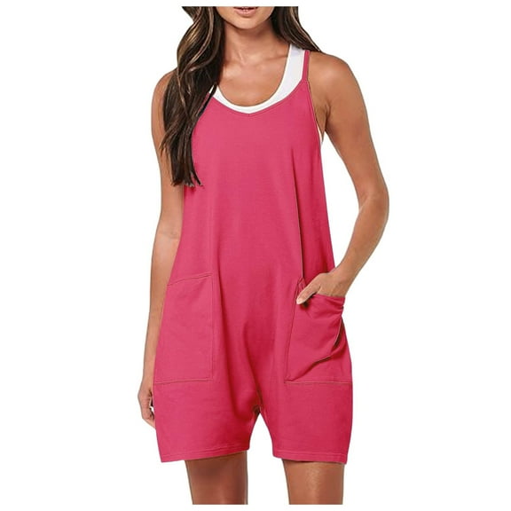 Women's 2024 Summer Short Jumpsuit - Loose Fit V Neck Romper with Pockets, Polyester Spandex, S-XXL