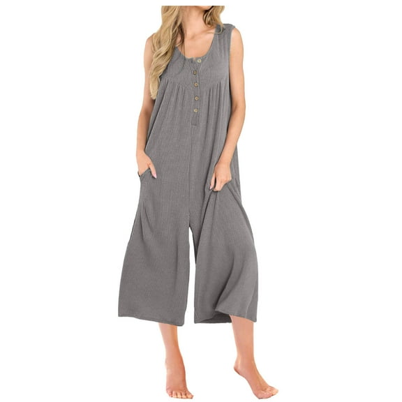 Women's 2024 Summer Short Jumpsuit Sleeveless Knit Sweater Rompers Sexy Front Button Stretchy Overalls with Pockets