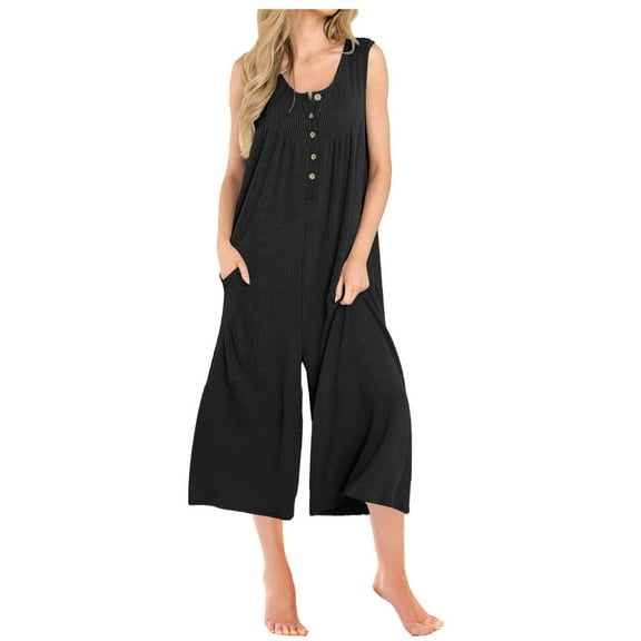 Women's 2024 Summer Short Jumpsuit Sleeveless Knit Sweater Rompers Sexy Front Button Stretchy Overalls with Pockets