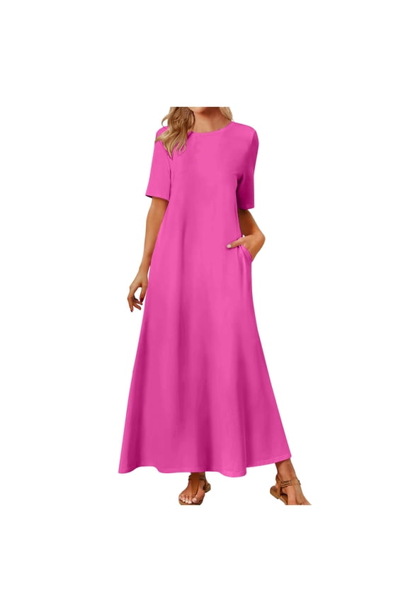 Women's 2024 Summer Short Sleeve Maxi Dress Casual Crewneck Swing A Line Long T Shirt Dress with Pockets