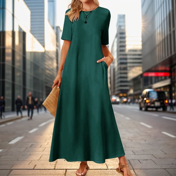 Women's 2024 Summer Short Sleeve Maxi Dress Casual Crewneck Swing A Line Long T Shirt Dress With Pockets Beach Dresses Casual Dresses Pockets Dresses Women Casual Summer Womens Dresses Summer Long
