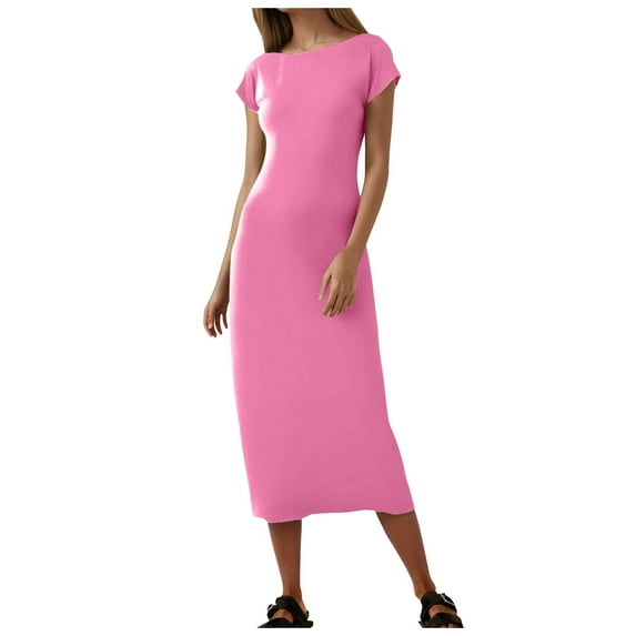 Women's 2024 Summer Short Sleeve Tshirt Dress Casual Crew Neck Beach Long Maxi Dresses