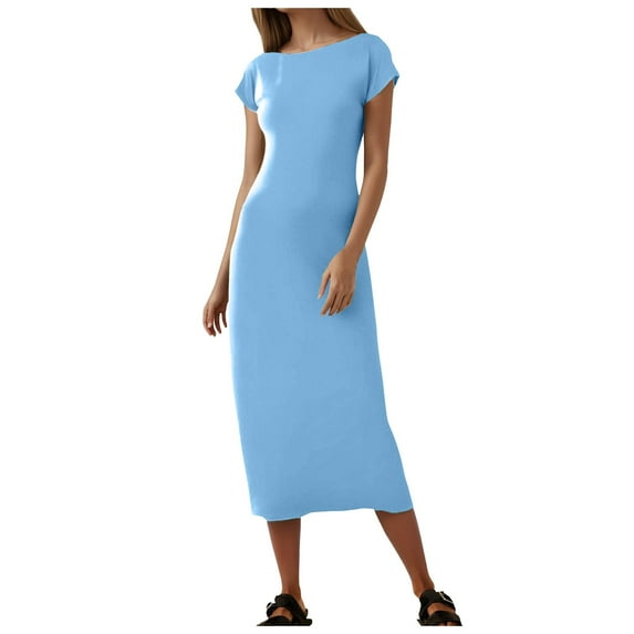 Women's 2024 Summer Short Sleeve Tshirt Dress Casual Crew Neck Beach Long Maxi Dresses