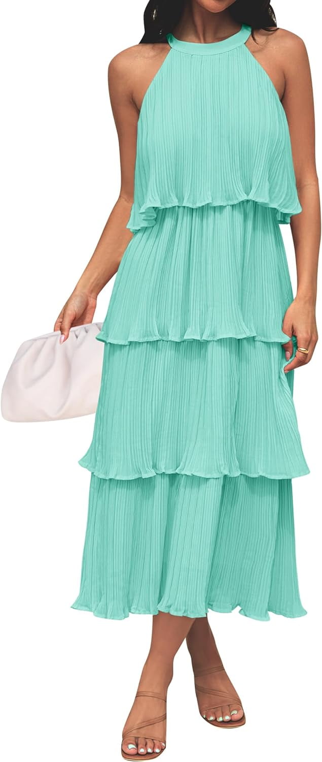 [DUNDROP] Layer check sleeveless dress /追跡付 Sleeveless Halter Chiffon Maxi Bridesmaid Dress In Larkspur