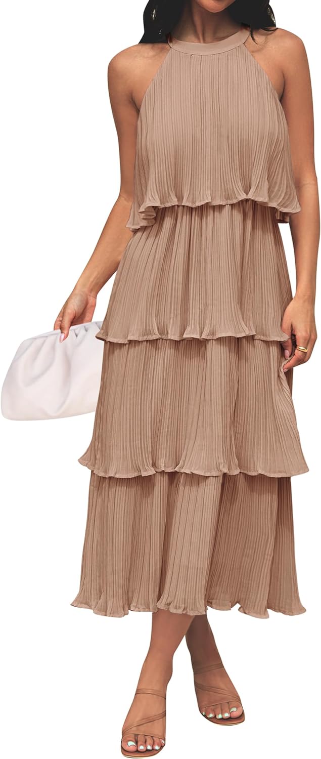 Women's 2024 Summer Sleeveless Halter Neck Ruffle Tiered