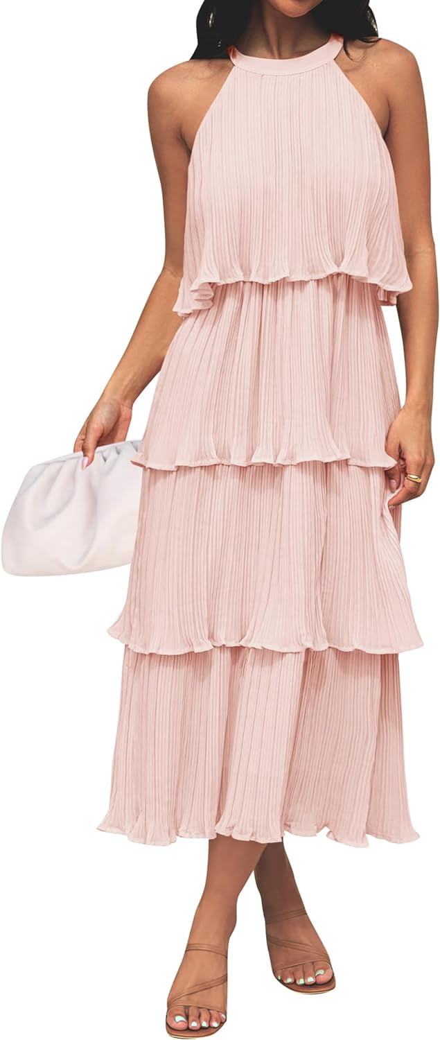 Women's 2024 Summer Sleeveless Halter Neck Ruffle Tiered Layered Chiffon  Flowy Swing Long Midi Dress - Walmart.com