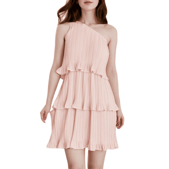 Women's 2024 Summer Sleeveless Mini Dress Boho One Shoulder Ruffle Tiered Layered Elegant Vacation Flowy A Line Dresses (Pink,X-Large)