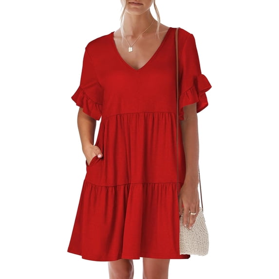 Women's 2024 Summer Trendy V Neck Ruffle Short Sleeve A Line Tiered Flowy Casual Mini Beach Dress with Pockets