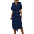 thumbnail image 1 of Women's 2024 Summer Wrap Cotton Linen Dress Elegant V Neck Short Sleeve Casual Solid Midi Dresses, 1 of 8