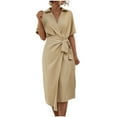 thumbnail image 1 of Women's 2024 Summer Wrap Cotton Linen Dress Elegant V Neck Short Sleeve Casual Solid Midi Dresses, 1 of 8