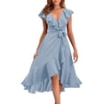 thumbnail image 1 of Womens Midi Dress V Neck Short Sleeve Ruffle Hem Tie Waist Dress for Beach Casual Boho Wedding Guest, 1 of 8