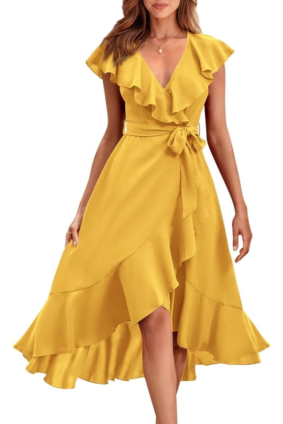 Women's 2024 Summer Wrap Midi Dress Casual Boho Deep V Neck Short Sleeve Ruffle Hem Split Beach Long Dresses