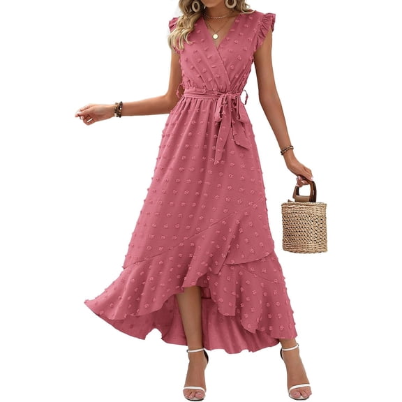 Women's 2024 Summer Wrap V Neck Dress Ruffle Sleeve Swiss Dot Boho Ruffle Slit Beach Party Flowy Long Maxi Dresses