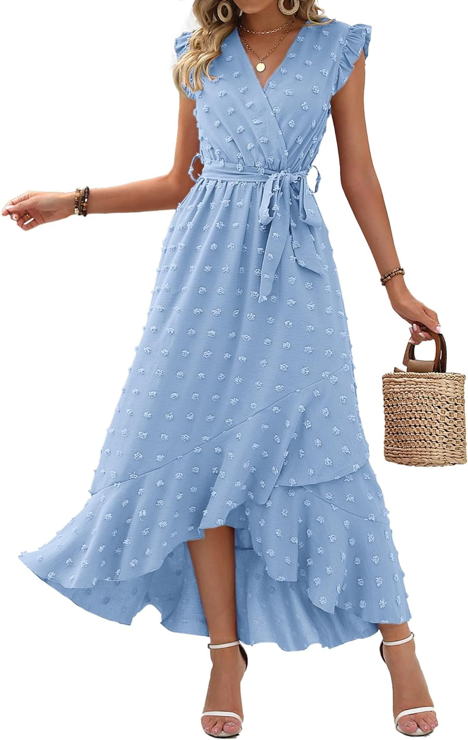Women's 2024 Summer Wrap V Neck Dress Ruffle Sleeve Swiss Dot Boho ...