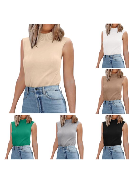 Women’s 2024 Turtle Neck Sweater Vest Sleeveless Knit Pullover Tank Tops Casual Slim Fitted Shirts, XL, Beige