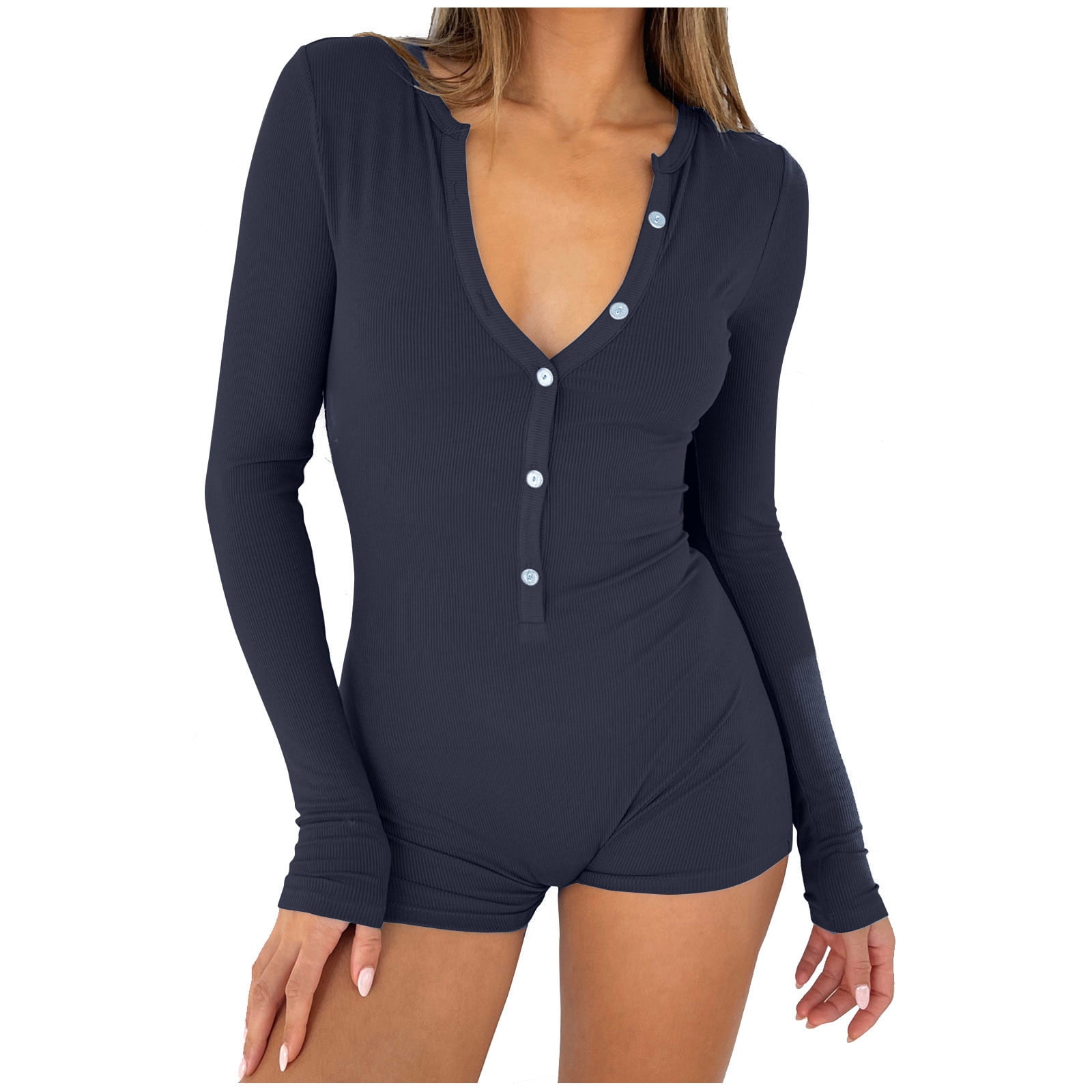 Women's 2026 V Neck Long Sleeve Shorts Romper Y2k One Piece Yoga