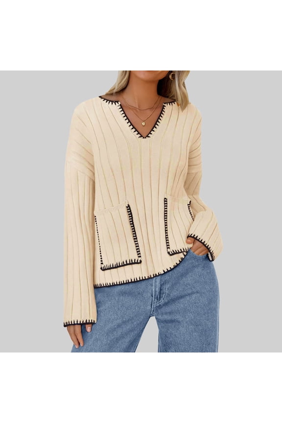 Women's 2024 V Neck Ribbed Knit Sweaters Striped Color Block Long Sleeve Loose Cozy Pullover Tops Lightweight Sweaters for Men Men Pullover Hoodie Mens Wool V Neck Sweater Patterned Quarter Zip