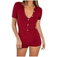 thumbnail image 1 of Women's 2024 V Neck Short Sleeve Shorts Romper Y2k One Piece Yoga Buttons Jumpsuit Bodycon Pajama Set Gym Bodysuit Red,XL, 1 of 7