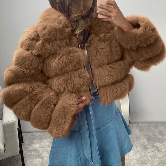Women's 2024 Winter Coats Fleece Cropped Jacket Faux Fur Long Sleeve Shaggy Warm Outerwear for Women Crop Jacket