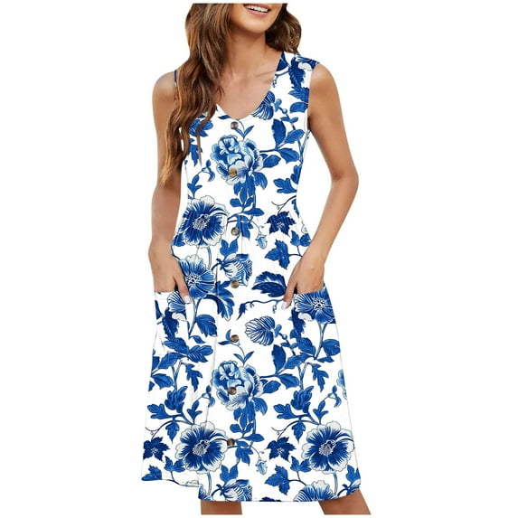 Women's 2025 A-Line Tank Dress - Knee Length Sleeveless Sundress with Pockets, Lightweight Floral Cover Up for Beach & Travel