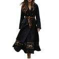 thumbnail image 1 of Women's 2025 Bohemian Style Double Breasted Wool Blend Coat, Mid-Length Trench Coat with Lapel Collar, Slim Fit Overcoat, Elegant Fall Winter Outerwear, Classic Solid Color (Belt Not Include) Black, 1 of 6