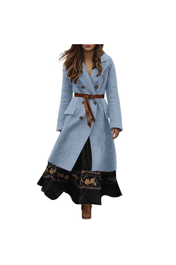 Women's 2025 Bohemian Style Double Breasted Wool Blend Coat,Mid-Length Trench Coat with Lapel Collar, Slim Fit Overcoat,Elegant Fall Winter Outerwear,Classic Solid Color (Belt Not Include) Light Blue