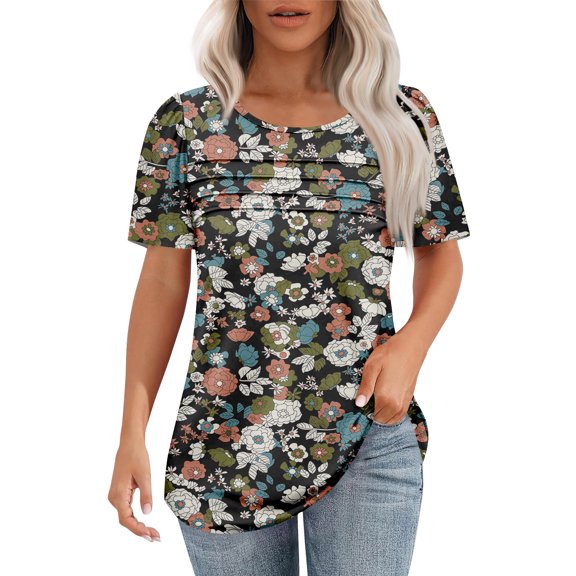 Women's 2025 Boho Summer Tops Short Sleeve Pleated Tunic Blouse Flowy Crew Neck Casual Dressy Top-Brown-M