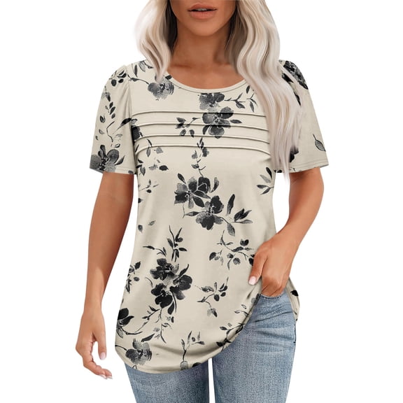 Women's 2025 Boho Summer Tops Short Sleeve Pleated Tunic Blouse Flowy Crew Neck Casual Dressy Top-Khaki-S