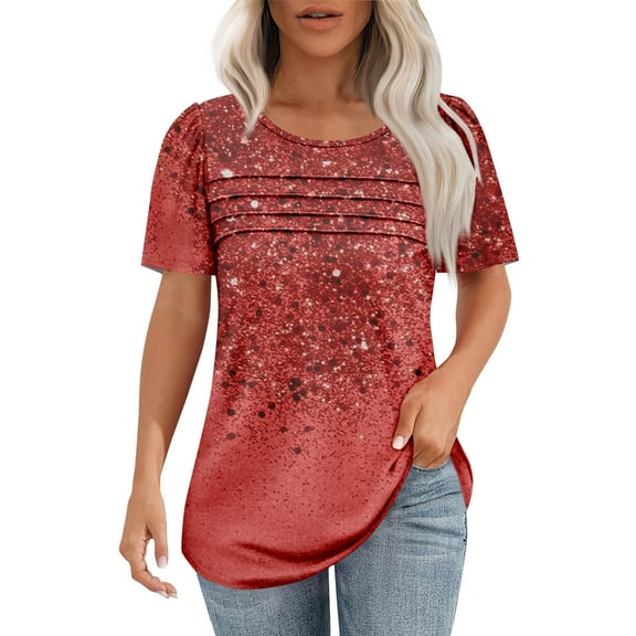 Women's 2025 Boho Summer Tops Short Sleeve Pleated Tunic Blouse Flowy Crew Neck Casual Dressy Top-Red-3XL