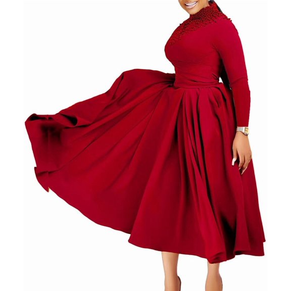 Women's 2026 Casual Smocked Dress V Neck High Waist Ruffle Pleated Midi Dresses