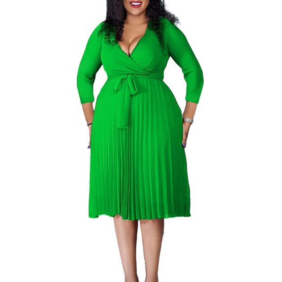 Women's 2025 Casual Smocked Dress V Neck High Waist Ruffle Pleated Midi Dresses