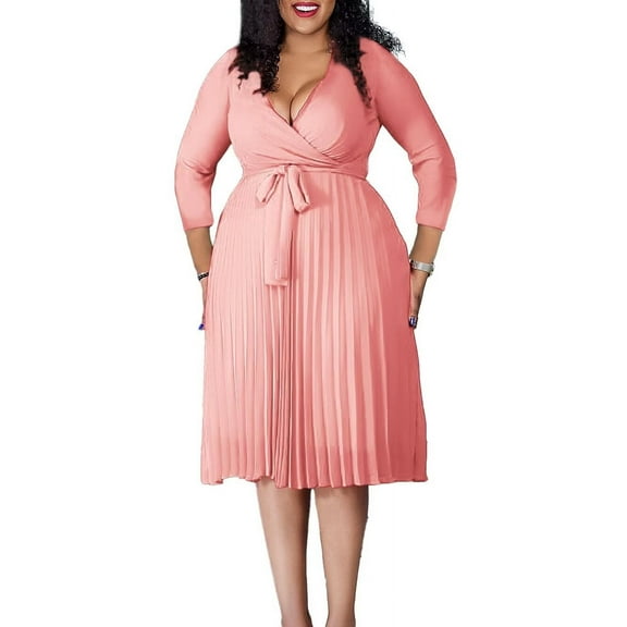 Women's 2025 Casual Smocked Dress V Neck High Waist Ruffle Pleated Midi Dresses