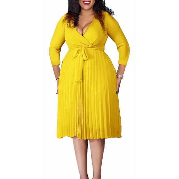 Women's 2026 Casual Smocked Dress V Neck High Waist Ruffle Pleated Midi Dresses