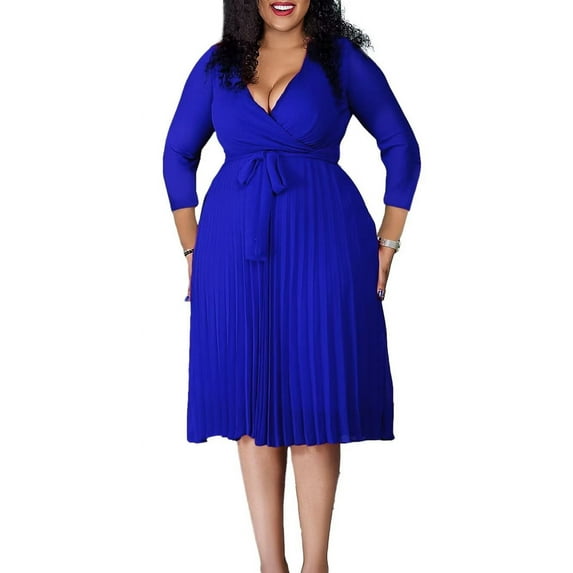 Women's 2025 Casual Smocked Dress V Neck High Waist Ruffle Pleated Midi Dresses