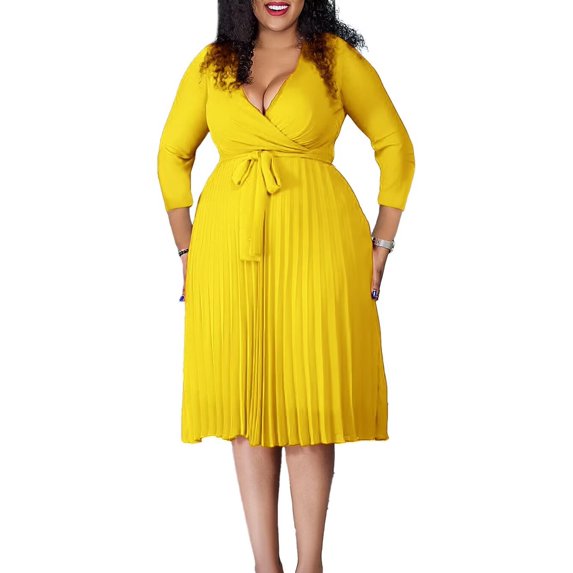 Women's 2025 Casual Smocked Dress V Neck High Waist Ruffle Pleated Midi Dresses