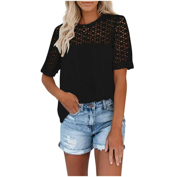 Women's 2025 Casual Tops Short Sleeve Eyelet Embroidered Summer Trendy Shirts Crewneck Crochet