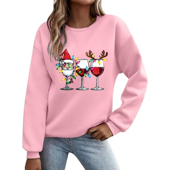 Women's 2025 Christmas Goblet Sweatshirt - Dopamine Color Palette with Shining Snowflake Print, Long Sleeve Hoodless Trendy Top, Festive Glitter Accent Casual Pullover