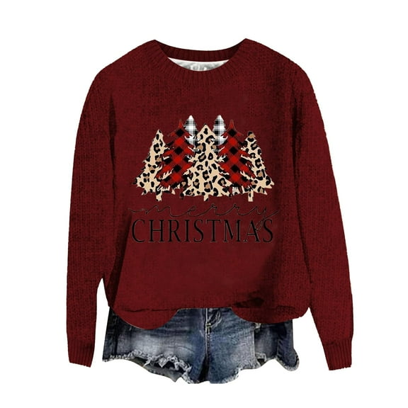 Women's 2025 Christmas Sweaters Funny Xmas Leopard Plaid Tree Print Long Sleeve Blouses Casual Trendy Stretch Comfy Pullover Tops