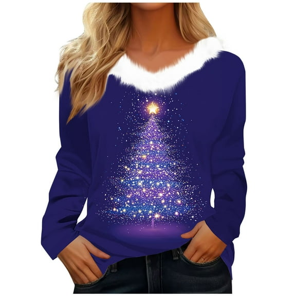 Women's 2025 Christmas Tree Printed V-Neck Top - Faux Fur Collar Long Sleeve Pullover, Festive Xmas Snowflake Novelty Graphic, Cozy Warm Holiday Knit Blouse for Gathering