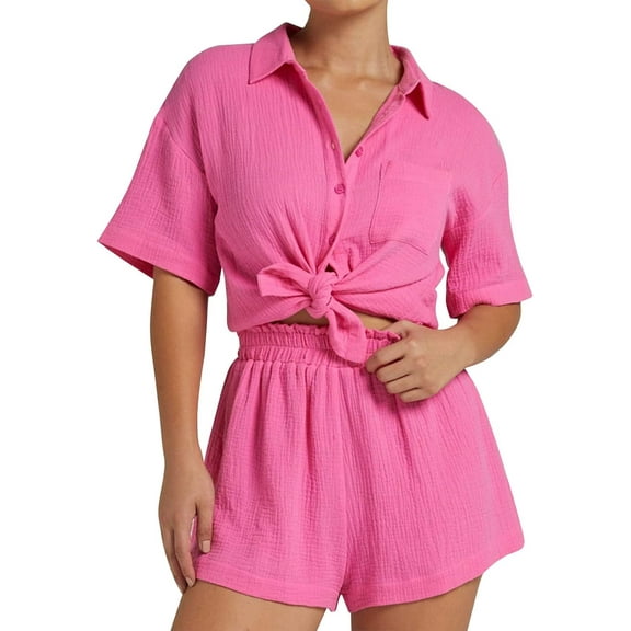 Women's 2025 Cotton 2-Piece Set: Button-Down Shirt & High Waist Shorts | Resort Wear, Beach Cover Up, Loungewear (S-XL)